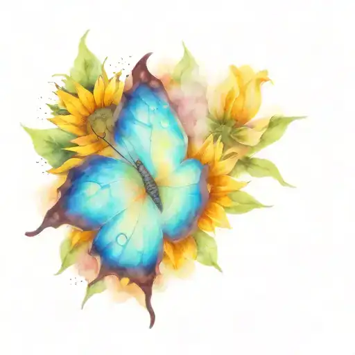 Butterfly And A May Flower And Sunflower