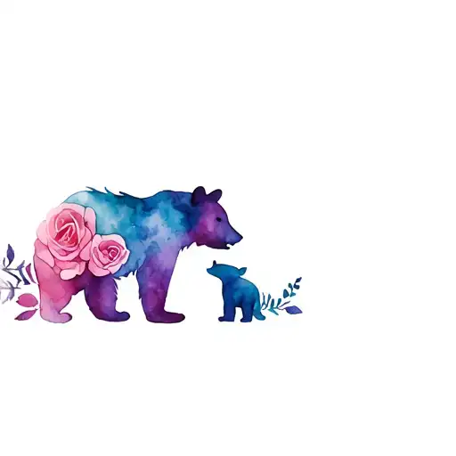 Silhoutte Mama Bear And Baby Bear With Roses In Color