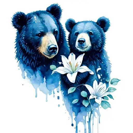 Mama Bear And Baby Bear With Lilies And Roses
