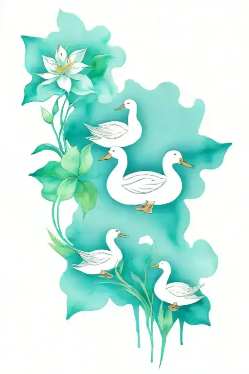 Mother Daughter Duck And Lilies Scattered Throughout