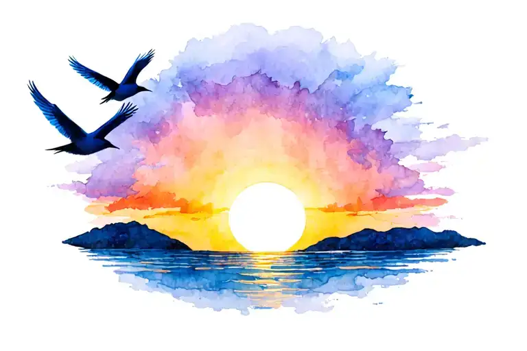 Birds Perched And Flying Towards The Sun Setting