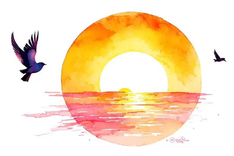 1 Bird Perched And 2 Flying Towards The Sun Setting