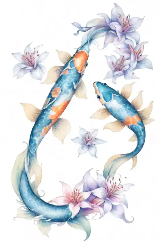 Koi Fish Swimming Through Lily Flowers