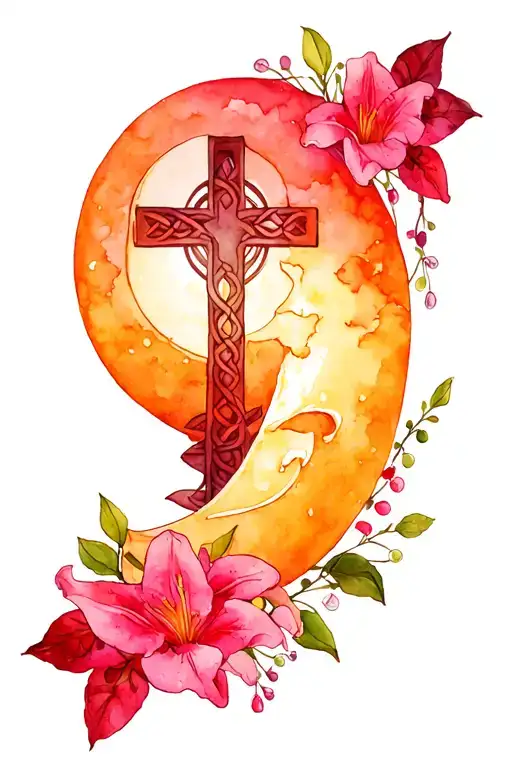 Crescent Moon With Lilie Of The Valley Around A Celtic Cross