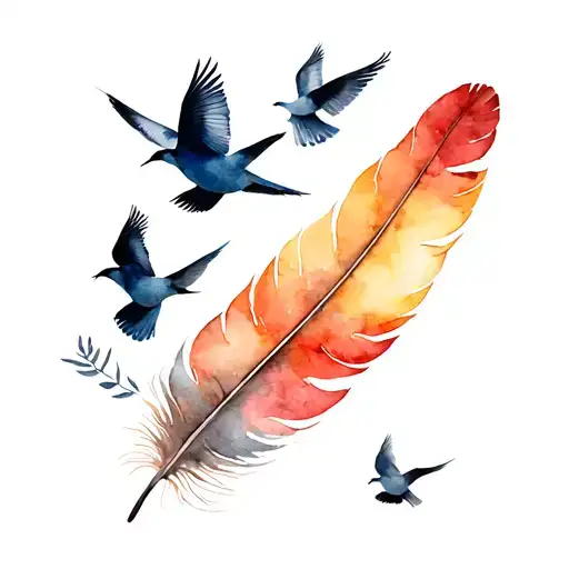 Feather With Multiple Birds Flying Away