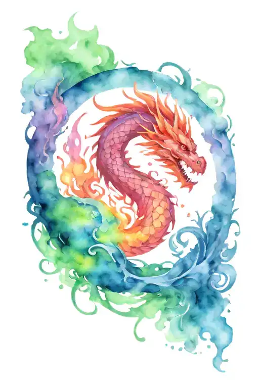 Watercolor Dragon With A Fire Flames