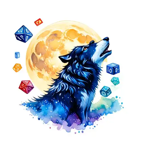 Magical Wolf Howling At The Moon Surrounded By Dnd Dice