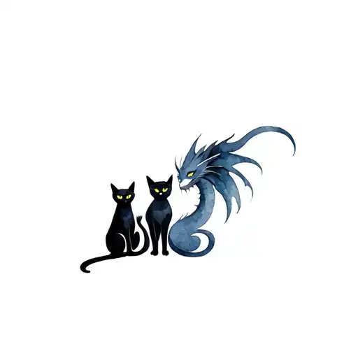 Three Black Cats With Yellow Eyes Turning Into A Dragon