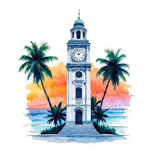 Cartagena Clocktower With Palm Trees Colors Sunset