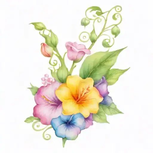 Mallows And Leaves In A Flower Vine Around The Upper Arm Strech To The Collarbone