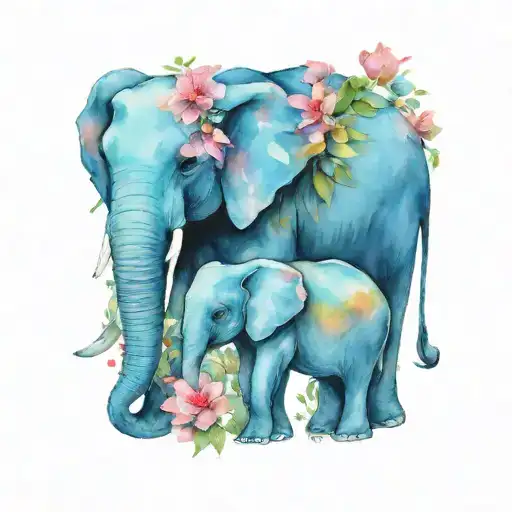 Mom Elephant And 5 Baby Elephants Following Each Other With Flowers