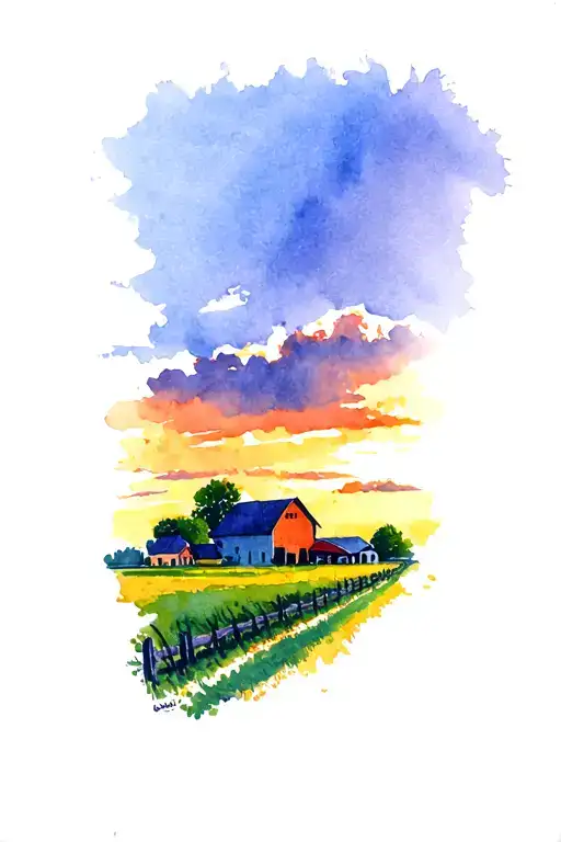 Landscape Of A Farm Witha Sunset Sky In Lincolnshire