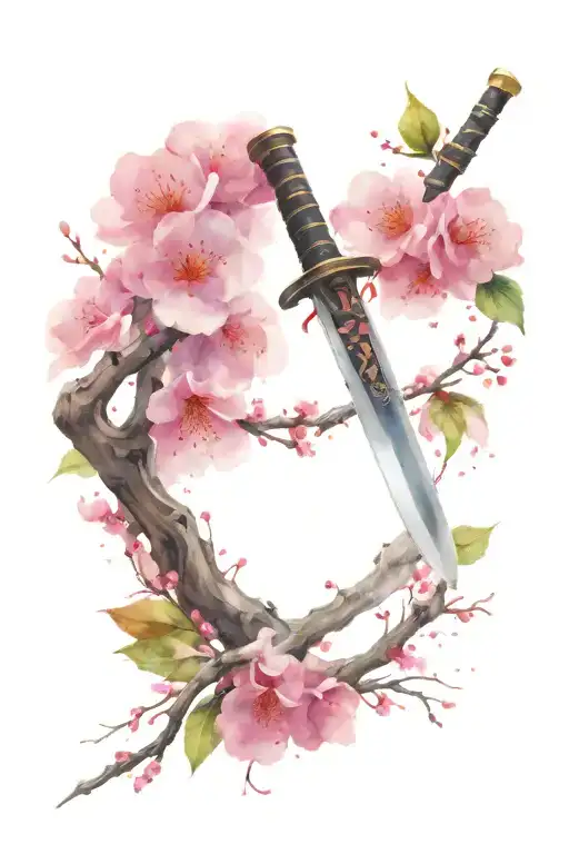 Katana Sword In Ground Next To Cherry Blossum Tree