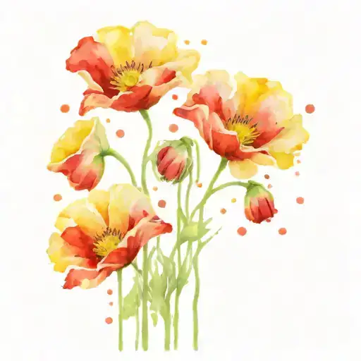 Red And Yellow Poppies Surrounded By Water Splash
