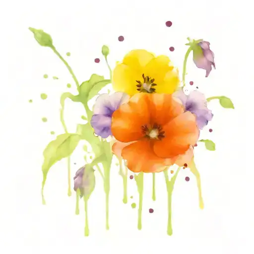 Red Poppies And Purple Pansies Surrounded By Water Splash