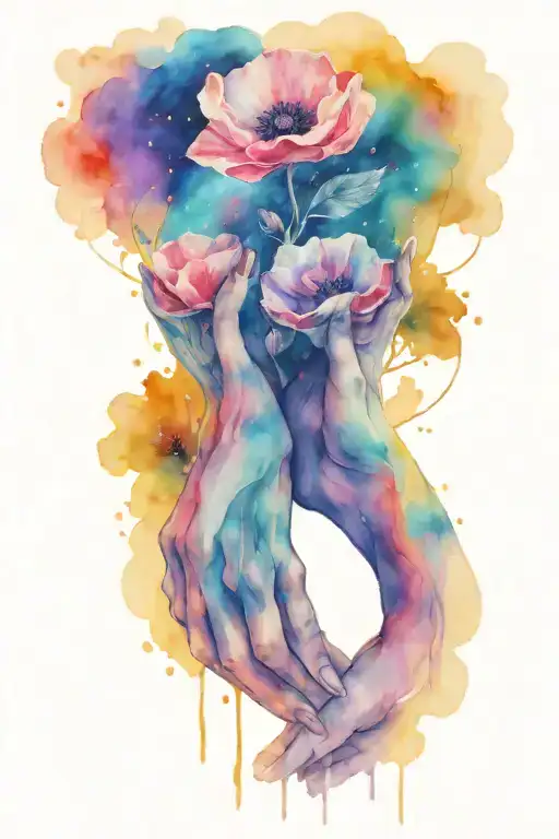 A Mums Hand Holding 2 Girls Hands With A Poppy On One Side And Aurora Borealis In The Background