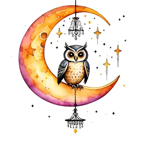 Owl Sitting On Moon With Chandelier And Stars Forming