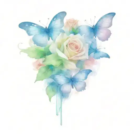 Rose Surounded By 10 Butterflies Flying