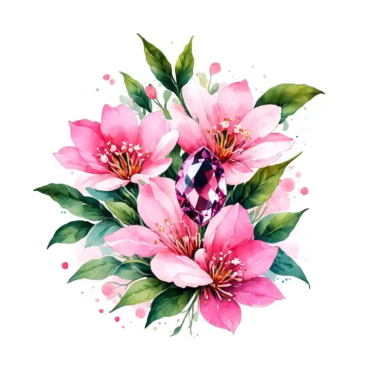 Pink Sapphire On White Gold In Front Of Pink Flowers