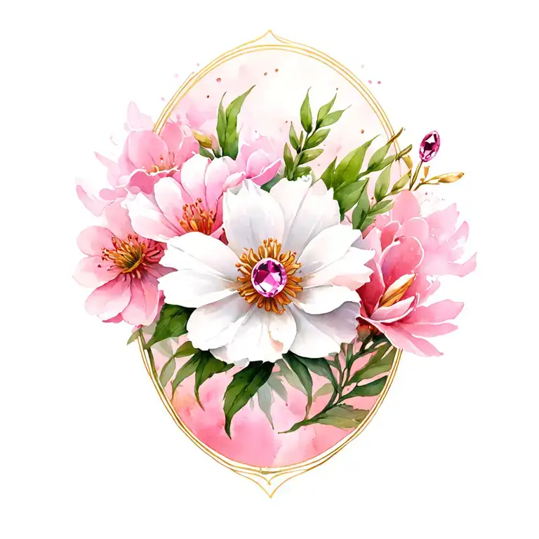 Pink Sapphire On White Gold In Front Of Pink Flowers Tranquil