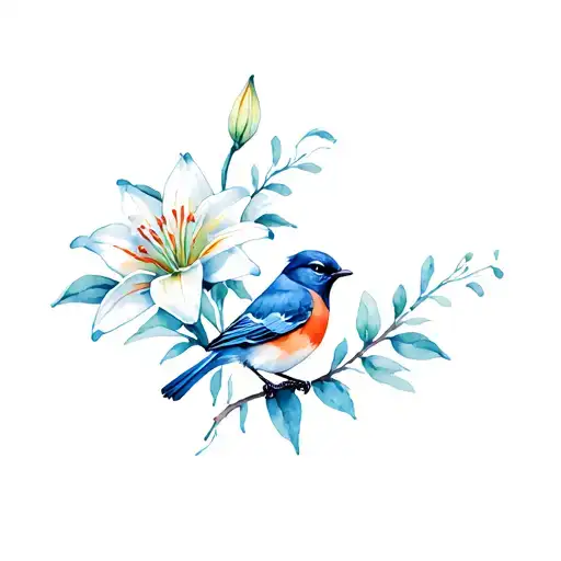 Blue Bird And Lily Flower