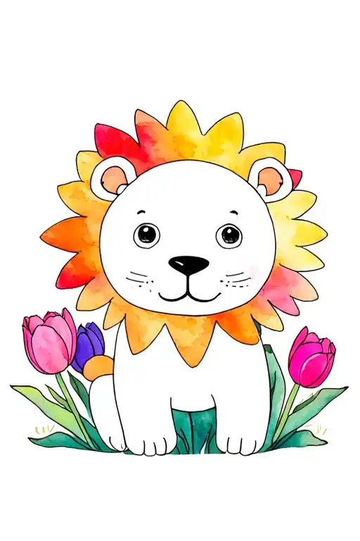 Stuffed Animal Lion Surrounded By Tulips Lots Of Color And Black Line Outlines