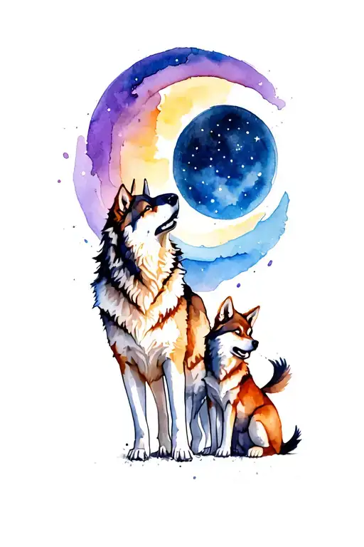 Two Wolves Standing Over Two Pups Howling At The Moon