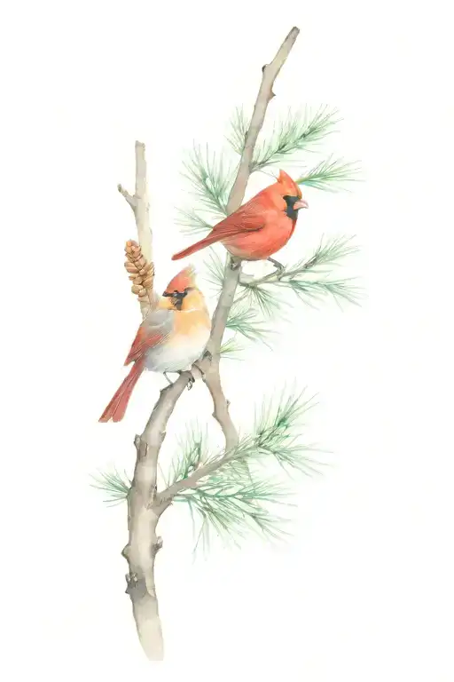 Cardinal And Chickadee In White Pine Tree Branches