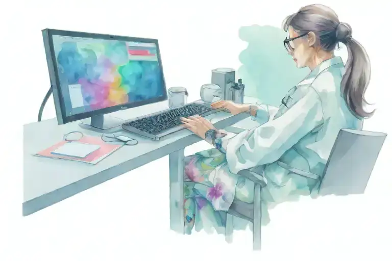 Female Doctor Typing On A Computer With A Big Screen