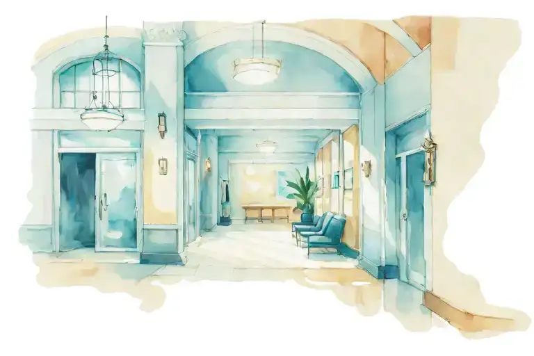 The Lobby Of A Public Building With Signs In Different Directions