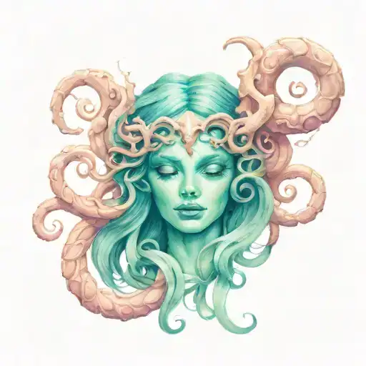 Medusa With Two Sets Of Eyes Holding A Skull