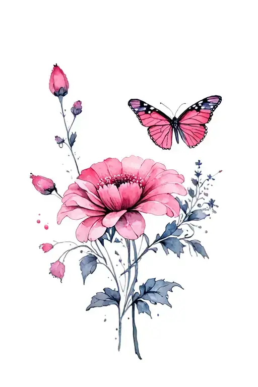 Spine Length Flower With Stem And Butterfly And Little Details Everything Pink