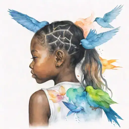 Little Black Girl Back Profile Turning Into Birds Looking At Watercolor Rainbow And Bluebird