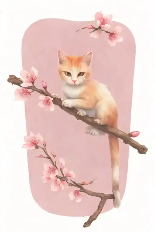 Kitty On A Cherry Blossomed Branch Representing
