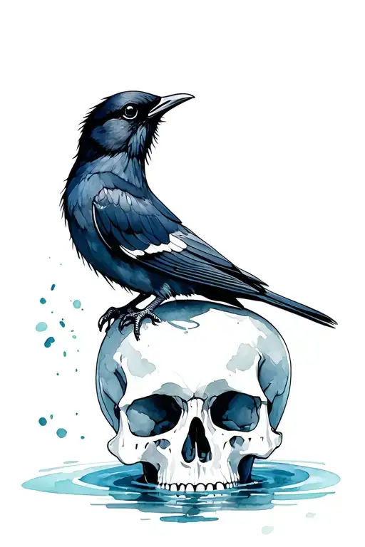 Black Bird Sitting On A Skull Thats In A Pool Of Acid