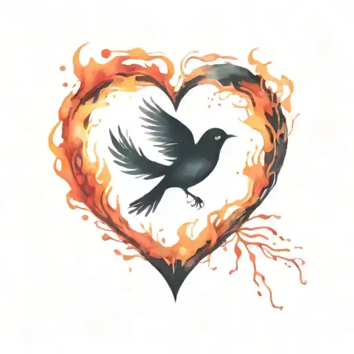 Black Heart Surrounded By Fire And Little Bird Flying Away