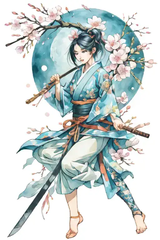 Anime Girl Samurai Full Moon Cherry Blossom