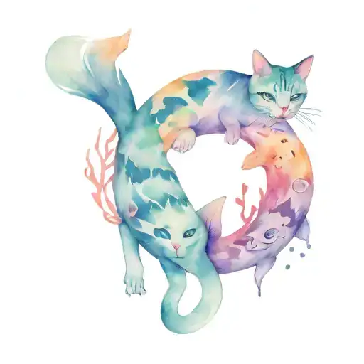 Cat And Fishes And Pisces Sign
