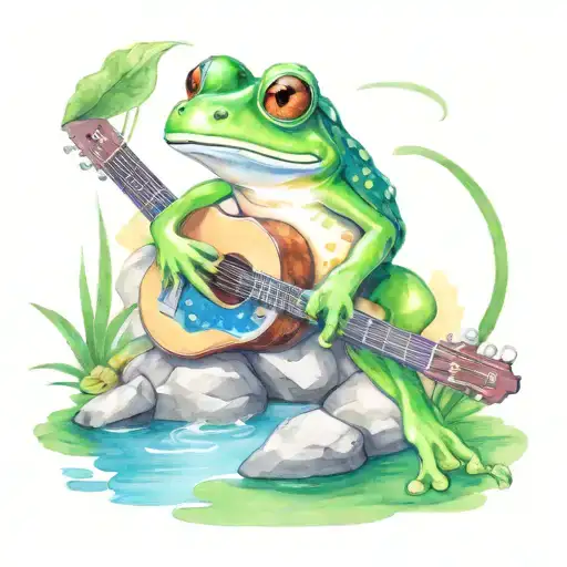 Frog Playing Guitar On A Rock In A Pond