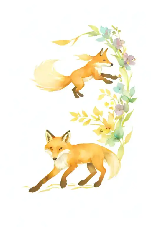 A Fox Jumping And A Raven And Flowers