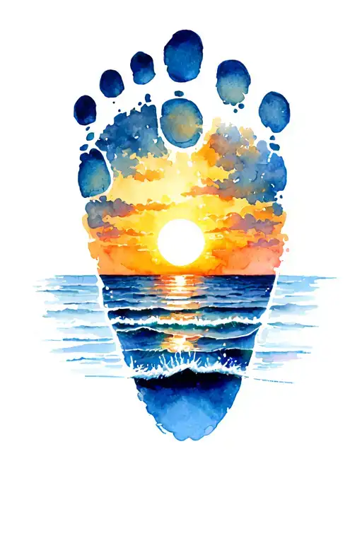 Foot Print Surrounded By The Sunrise And Ocean Scene