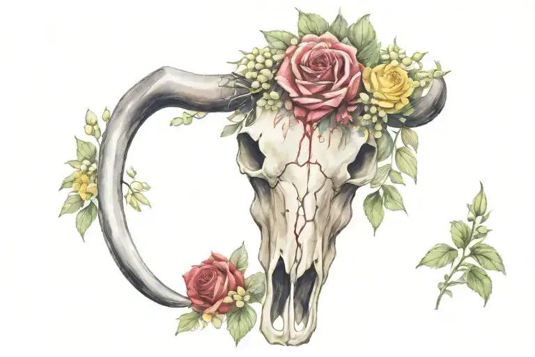 Bull Skull With Yellow Rose Red Rose Lily Of The Valley And Hawthorn