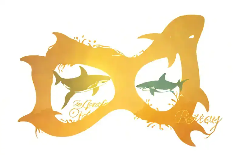 Sunset Penguin Shark As Silhouettes Intertwined With Lettering Ilyyttfaa