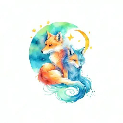 Wolf And Fox Curled With Sun And Moon Surrounded