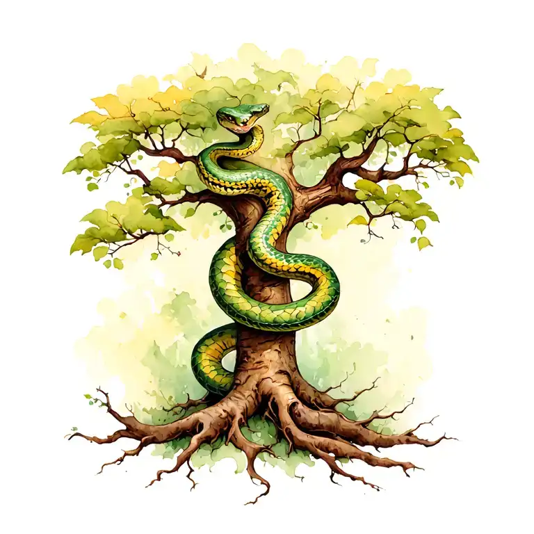 Snake Climbing Tree With A Rise Vine Wrapped Around The Trunk And Roots Reaching Deep