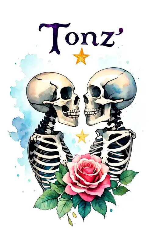 The Word 'Tonz' 2 Skeletons Kissing And Star Transforming Into A Rose