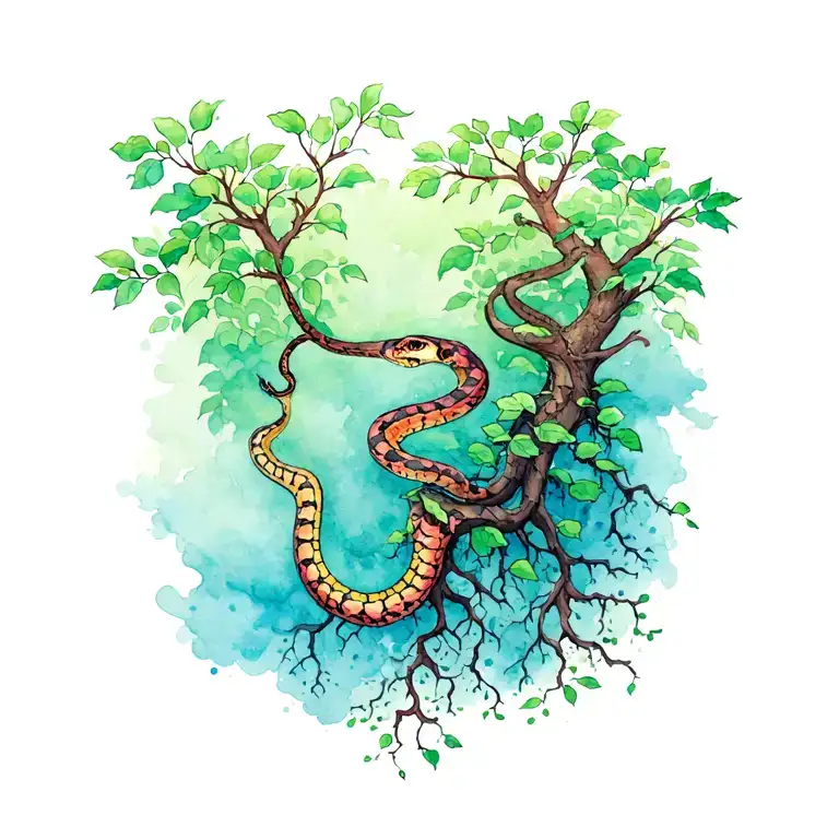 Snake Climbing Tree With A Rise Vine Wrapped Around The Trunk And Roots Reaching Deep