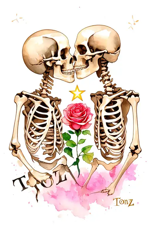 The Word 'Tonz' 2 Skeletons Kissing And Star Transforming Into A Rose