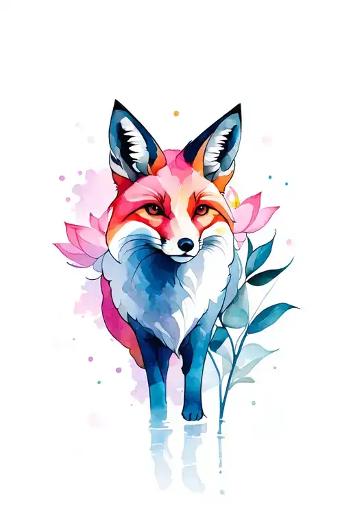 A Nine -Tower Fox With The Colors Of The Lotus In A Pink Blue Color