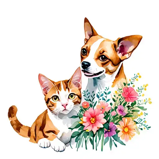 Cat And A Dog With Flowers
